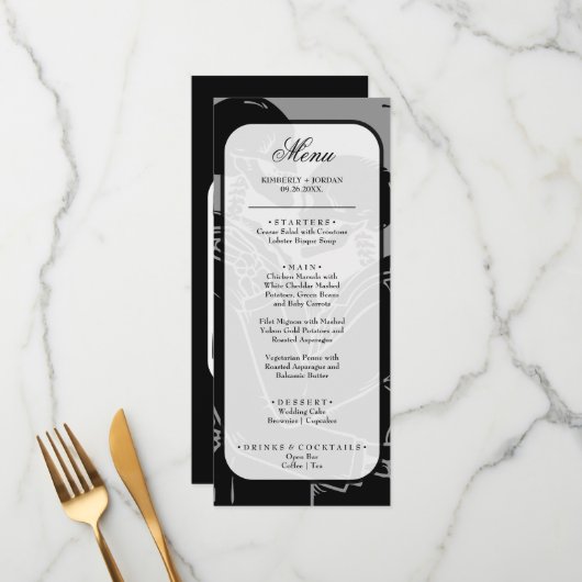Gothic Skeletons Black and White Wedding Menu (Voorkant / Achterkant in situ)