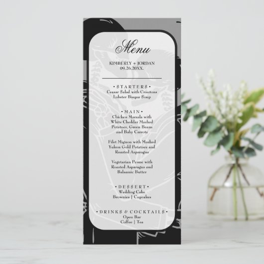 Gothic Skeletons Black and White Wedding Menu (Staand voorkant)