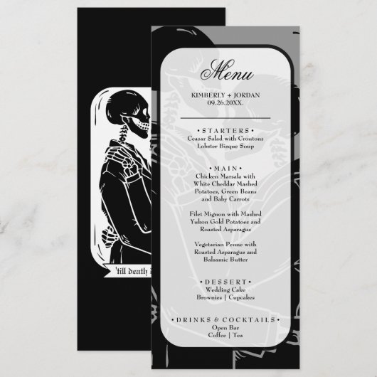 Gothic Skeletons Black and White Wedding Menu (Voorkant / Achterkant)