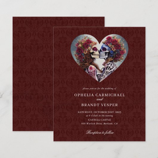 Gothic Skeletons Floral Wedding Invitation (Voorkant / Achterkant)