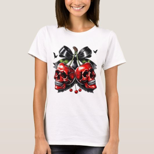 Gothic Skull and Cherries Halloween T-shirt (Voorkant)