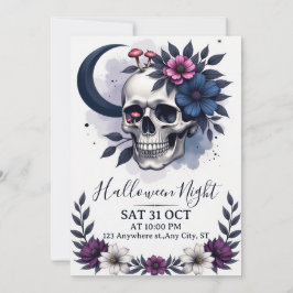 Gothic Skull and Floral Halloween Party Uitnodigin Kaart