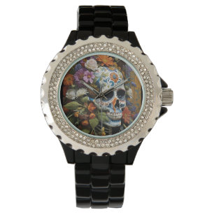 Gothic Skull and Flowers Horloge