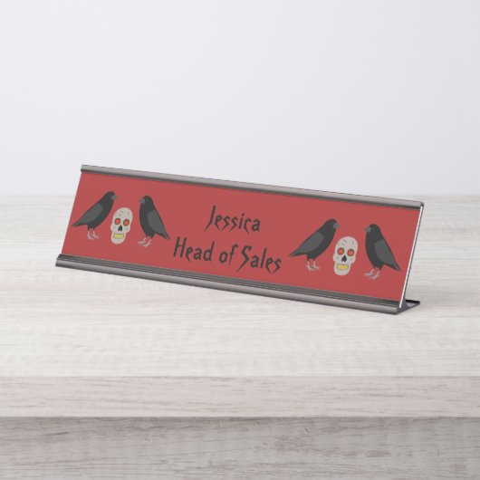 Gothic Skull and Guardian Ravens Halloween Custom Bureau Naambordje (Voorkant)
