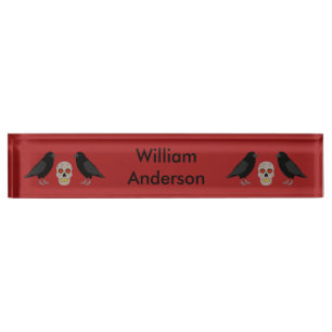 Gothic Skull and Guardian Ravens Halloween Custom Naambordje