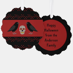 Gothic Skull and Guardian Ravens Halloween Custom Ornament Kaart