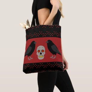Gothic Skull and Guardian Ravens Halloween Tote Bag