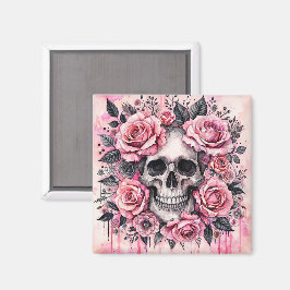 Gothic Skull and Pink Roses Waterverf Art Magneet