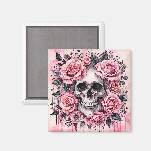 Gothic Skull and Pink Roses Waterverf Art Magneet (Voorkant / Achterkant)