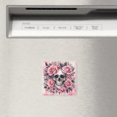 Gothic Skull and Pink Roses Waterverf Art Magneet (Insitu (Vaatwasser))