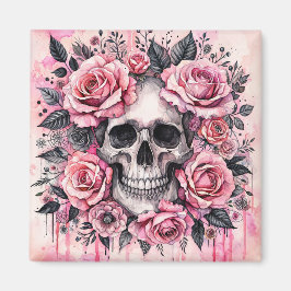 Gothic Skull and Pink Roses Waterverf Art Magneet