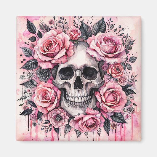 Gothic Skull and Pink Roses Waterverf Art Magneet (Voorkant)