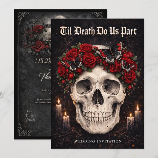 Gothic Skull and Roses Wedding Invitation Kaart (Voorkant / Achterkant)