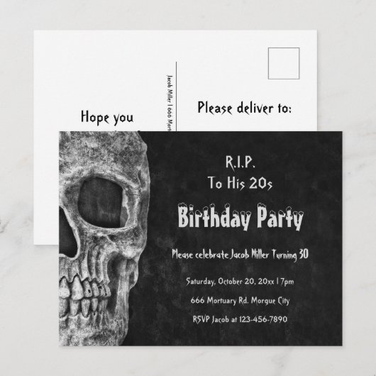 Gothic Skull Birthday Party RIP naar zijn twintig Uitnodiging Briefkaart (Voorkant / Achterkant)