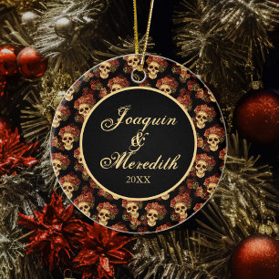 Gothic Skull Black Red Monogram Halloween Keramisch Ornament