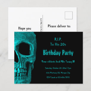 Gothic Skull Blauwgroen Black Birthday RIP naar zi Uitnodiging Briefkaart
