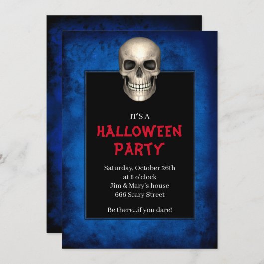 Gothic Skull Blue Grunge Halloween Party Kaart (Voorkant / Achterkant)