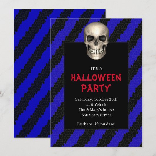 Gothic Skull Blue Stripe Halloween Party Kaart (Voorkant / Achterkant)