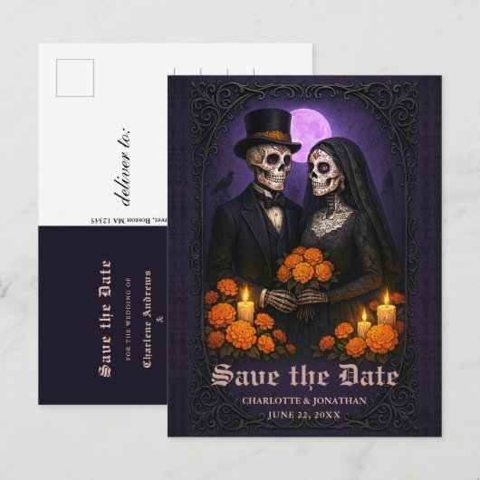 Gothic Skull Candy Couple Wedding Save the Date Aankondigingskaart (Voorkant / Achterkant)