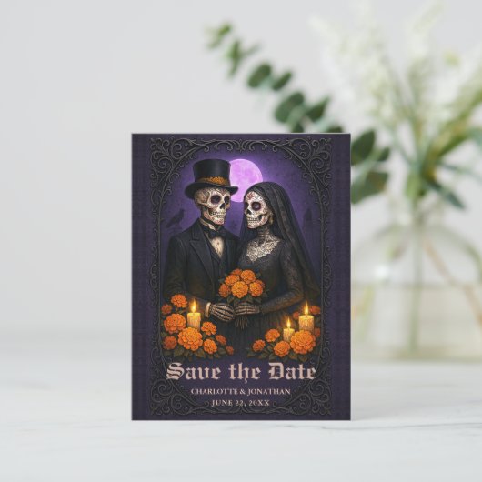 Gothic Skull Candy Couple Wedding Save the Date Aankondigingskaart (Staand voorkant)