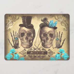 Gothic Skull Couple Day of the Dead Wedding Invite Kaart