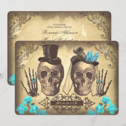 Gothic Skull Couple Day of the Dead Wedding Uitnod Kaart (Voorkant / Achterkant)