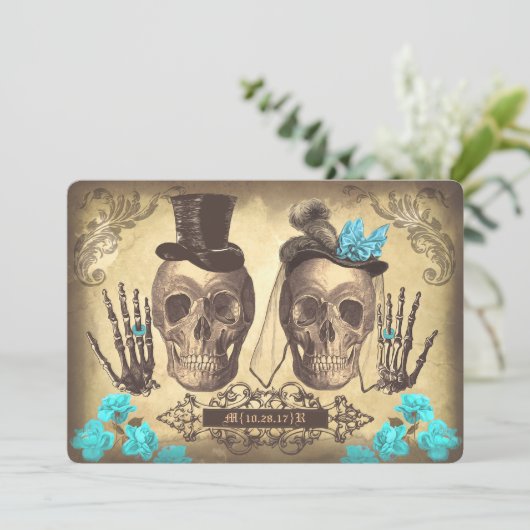 Gothic Skull Couple Day of the Dead Wedding Uitnod Kaart (Staand voorkant)
