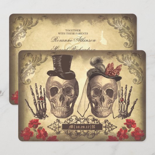 Gothic Skull Couple Day of the Dead Wedding Uitnod Kaart (Voorkant / Achterkant)