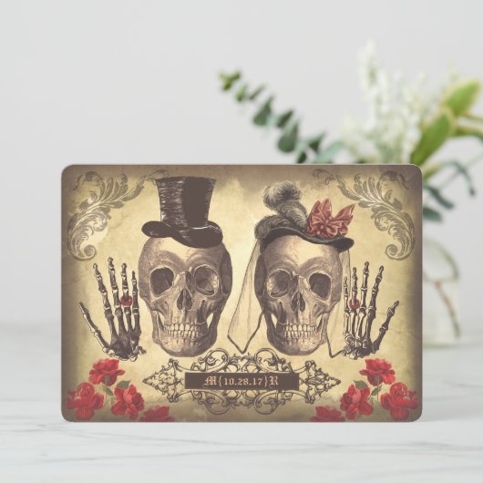 Gothic Skull Couple Day of the Dead Wedding Uitnod Kaart (Staand voorkant)