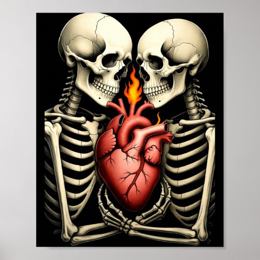 Gothic Skull Couple Flaming Heart Dark Romance Sty Poster (Voorkant)