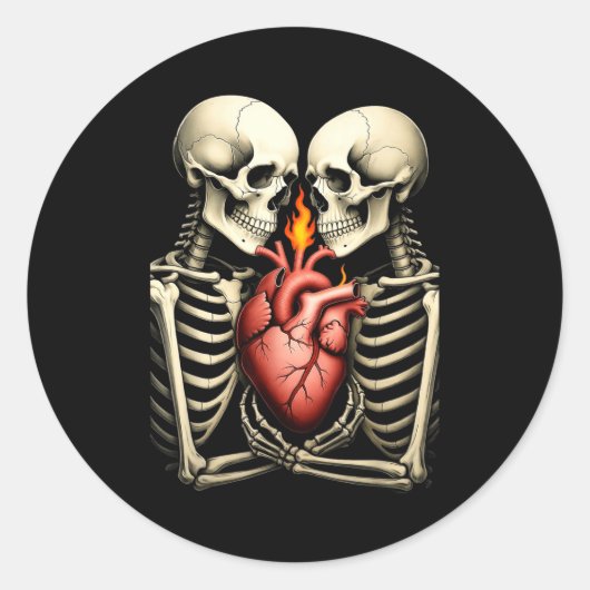 Gothic Skull Couple Flaming Heart Dark Romance Sty Ronde Sticker (Voorkant)