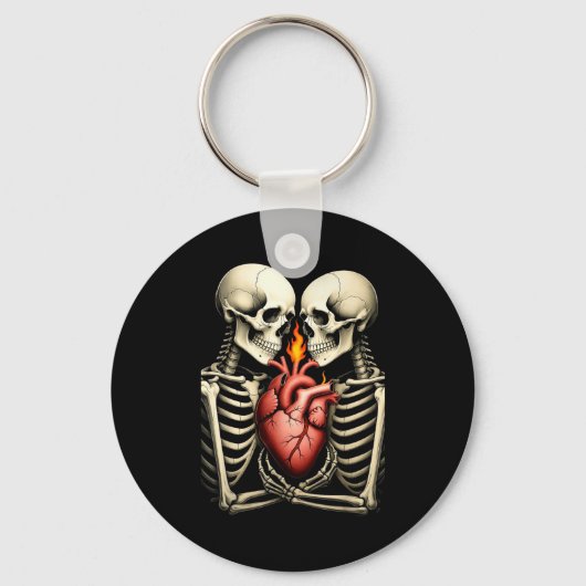 Gothic Skull Couple Flaming Heart Dark Romance Sty Sleutelhanger (Voorkant)