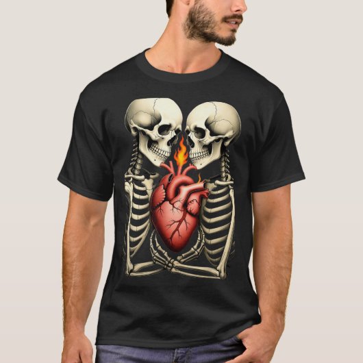 Gothic Skull Couple Flaming Heart Dark Romance Sty T-shirt (Voorkant)