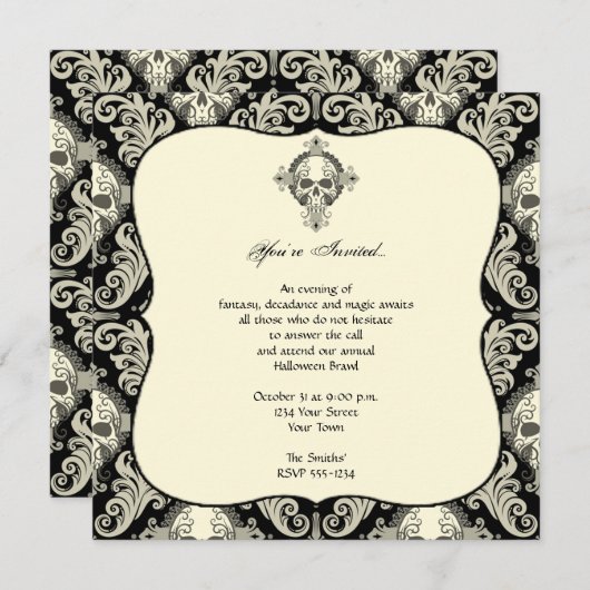Gothic Skull Damask Halloween Party Kaart (Voorkant / Achterkant)