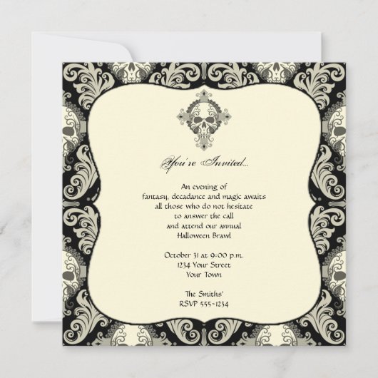 Gothic Skull Damask Halloween Party Kaart (Voorkant)