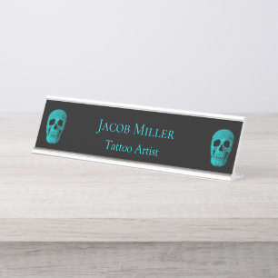 Gothic Skull Donker Blauwgroen Zwart Macabre Tatto Bureau Naambordje