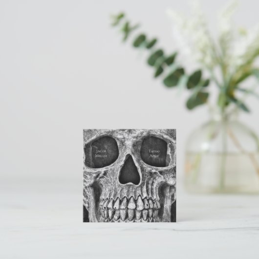 Gothic Skull Face Black and White Tattoo Shop Vierkante Visitekaartje (Staand voorkant)