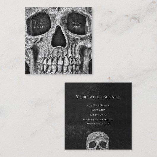 Gothic Skull Face Black and White Tattoo Shop Vierkante Visitekaartje (Voorkant / Achterkant)