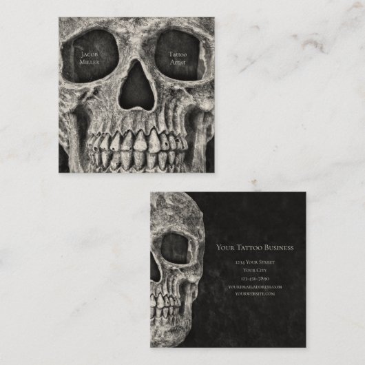 Gothic Skull Face Black and White Tattoo Shop Vierkante Visitekaartje (Voorkant / Achterkant)
