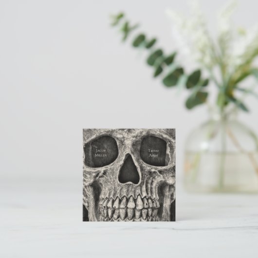 Gothic Skull Face Black and White Tattoo Shop Vierkante Visitekaartje (Staand voorkant)