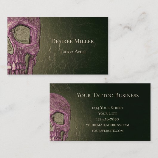 Gothic Skull Face Ggloing Pink Green Tattoo Shop Visitekaartje (Voorkant / Achterkant)