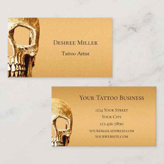 Gothic Skull Face Gold White Tattoo Shop Visitekaartje (Voorkant / Achterkant)