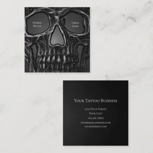 Gothic Skull Face Grey Metallic Cool Tattoo Shop Vierkante Visitekaartje (Voorkant / Achterkant)