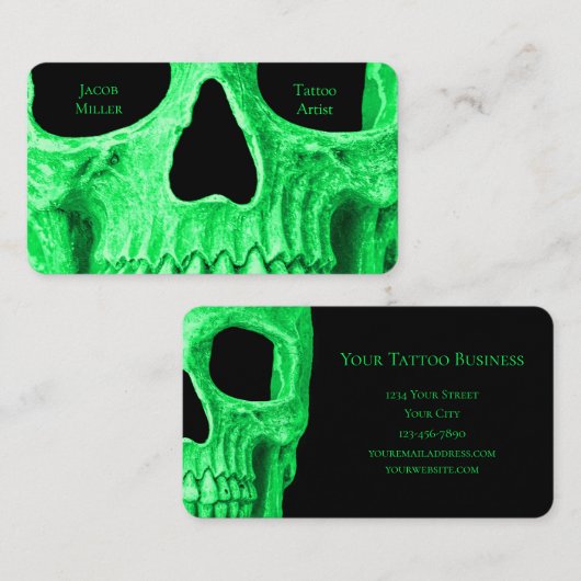 Gothic Skull Face Neon Green Black Tattoo Shop Visitekaartje (Voorkant / Achterkant)