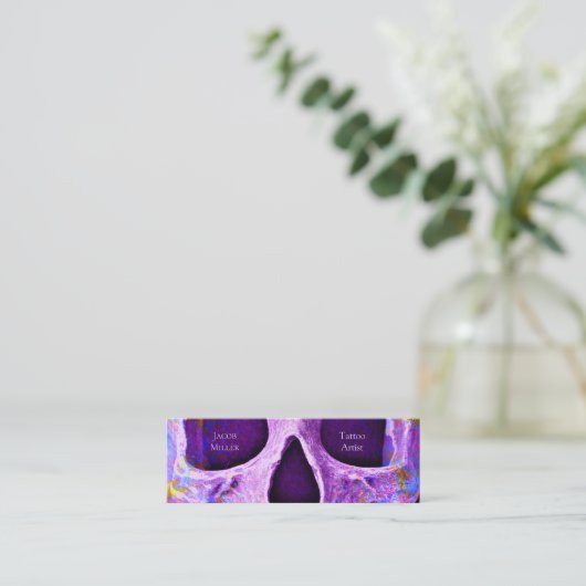 Gothic Skull Face Paars Blue Tattoo Shop Mini Visitekaartje (Staand voorkant)