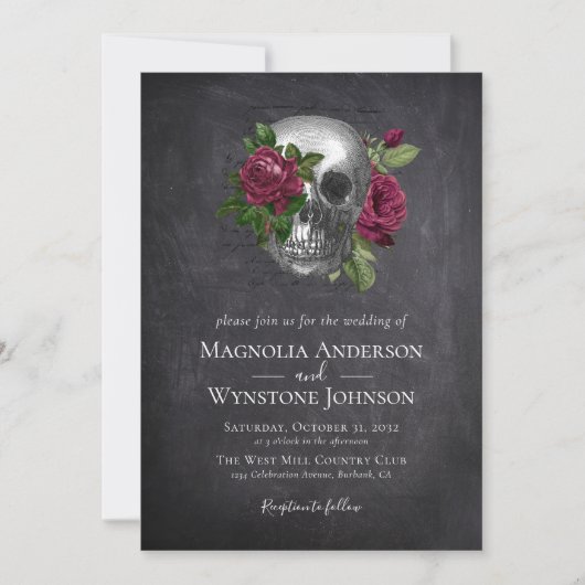 Gothic Skull Floral Black Halloween Wedding Kaart (Voorkant)