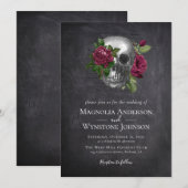 Gothic Skull Floral Black Halloween Wedding Kaart (Voorkant / Achterkant)