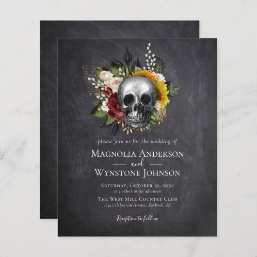 Gothic Skull Floral Halloween Wedding Invitation (Voorkant / Achterkant)
