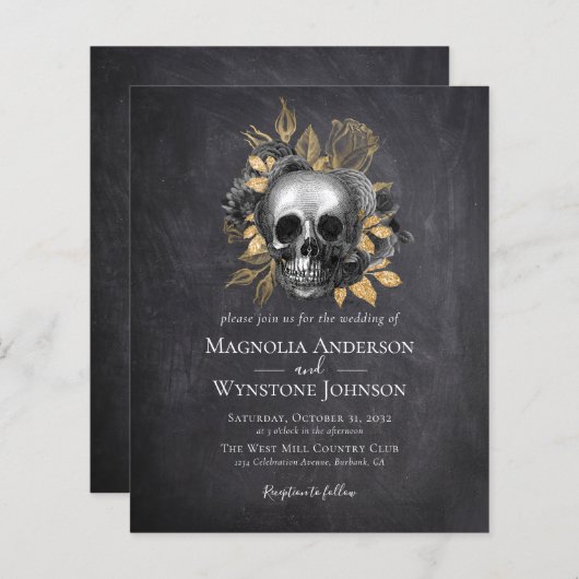 Gothic Skull Gold Halloween Wedding Uitnodiging (Voorkant / Achterkant)
