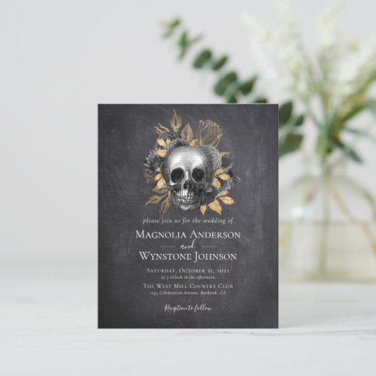 Gothic Skull Gold Halloween Wedding Uitnodiging (Staand voorkant)